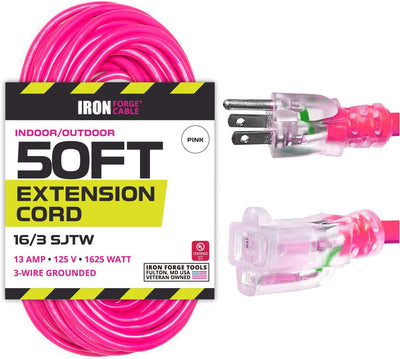 50 Ft Outdoor Extension Cord - 16/3 SJTW Durable Pink Cable with 3 Prong Grounded Plug for Safety