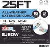 25 Ft All Weather Extension Cord -3 Power Outlets - 16/3 Lighted Outdoor Cable
