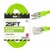 25 Ft Neon Green Extension Cord - 16/3 SJTW Lighted Outdoor High Visibility Electrical Cable with 3 Prong Grounded Plug for Safety