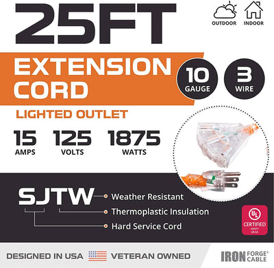 25 Foot Lighted Outdoor Extension Cord with 3 Electrical Power Outlets - 10/3 SJTW Orange 10 Gauge Extension Cable with 3 Prong Grounded Plug for Safety