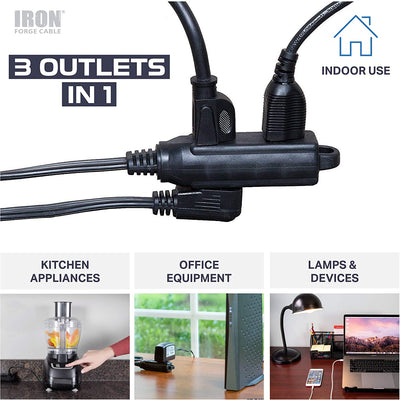 10 Ft Extension Cord with 3 Electrical Power Outlet - 16/3 Durable Black Cable
