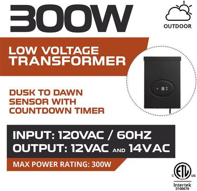 300 Watt Low Voltage Transformer for Landscape Lights - 120V AC to 12V AC & 14V AC Outdoor Lighting Transformer with Dusk to Dawn Sensor & Countdown Timer