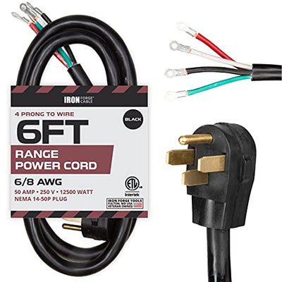 4 Prong Range Cord, 6 Foot - Heavy Duty 6/8 AWG 50 Amp Power Cable, NEMA 14-50P Plug to 4 Wire