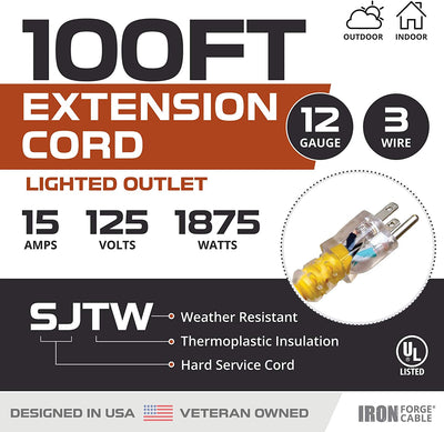 100 Foot Outdoor Extension Cord - 12/3 SJTW Heavy Duty Yellow 3 Prong Extension Cable - Great for Garden and Major Appliances (100 Foot - Yellow)