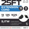 25 Ft Outdoor Extension Cord - 16/3 Durable Black Cable