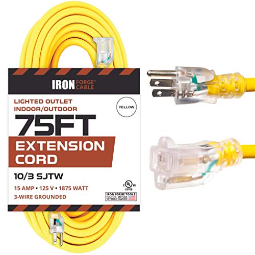 75 Foot Lighted Outdoor Extension Cord - 10/3 SJTW Yellow 10 Gauge Extension Cable with 3 Prong Grounded Plug for Safety - Great for Garden and Major Appliances