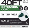 40 Foot Outdoor Extension Cord - 16/3 SJTW Durable Green Extension Cable with 3 Prong Grounded Plug for Safety - Great for Garden and Major Appliances