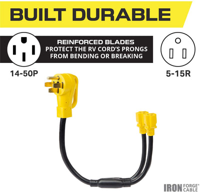 Iron Forge Cable 50 Amp to 15 Amp RV Y Adapter Power Cord - 10/3 STW 14-50P Male Plug to Two 5-15R Female Electrical Receptacles, Yellow