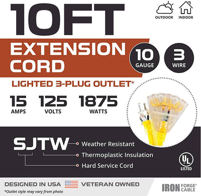 10 Foot Lighted Outdoor Extension Cord with 3 Electrical Power Outlets - 10/3 SJTW Heavy Duty Yellow Extension Cable with 3 Prong Grounded Plug for Safety
