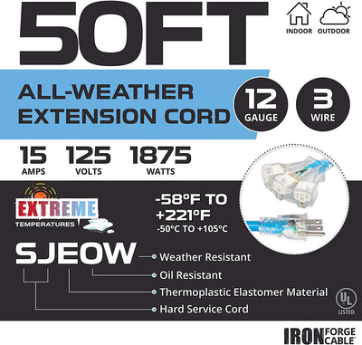 50 Ft All Weather Extension Cord with 3 Electrical Power Outlets - Stays Flexible in Extreme Cold & Hot Temperatures from -58¬∞F to +221¬∞F - 12/3 SJEOW Heavy Duty Lighted Outdoor Cable