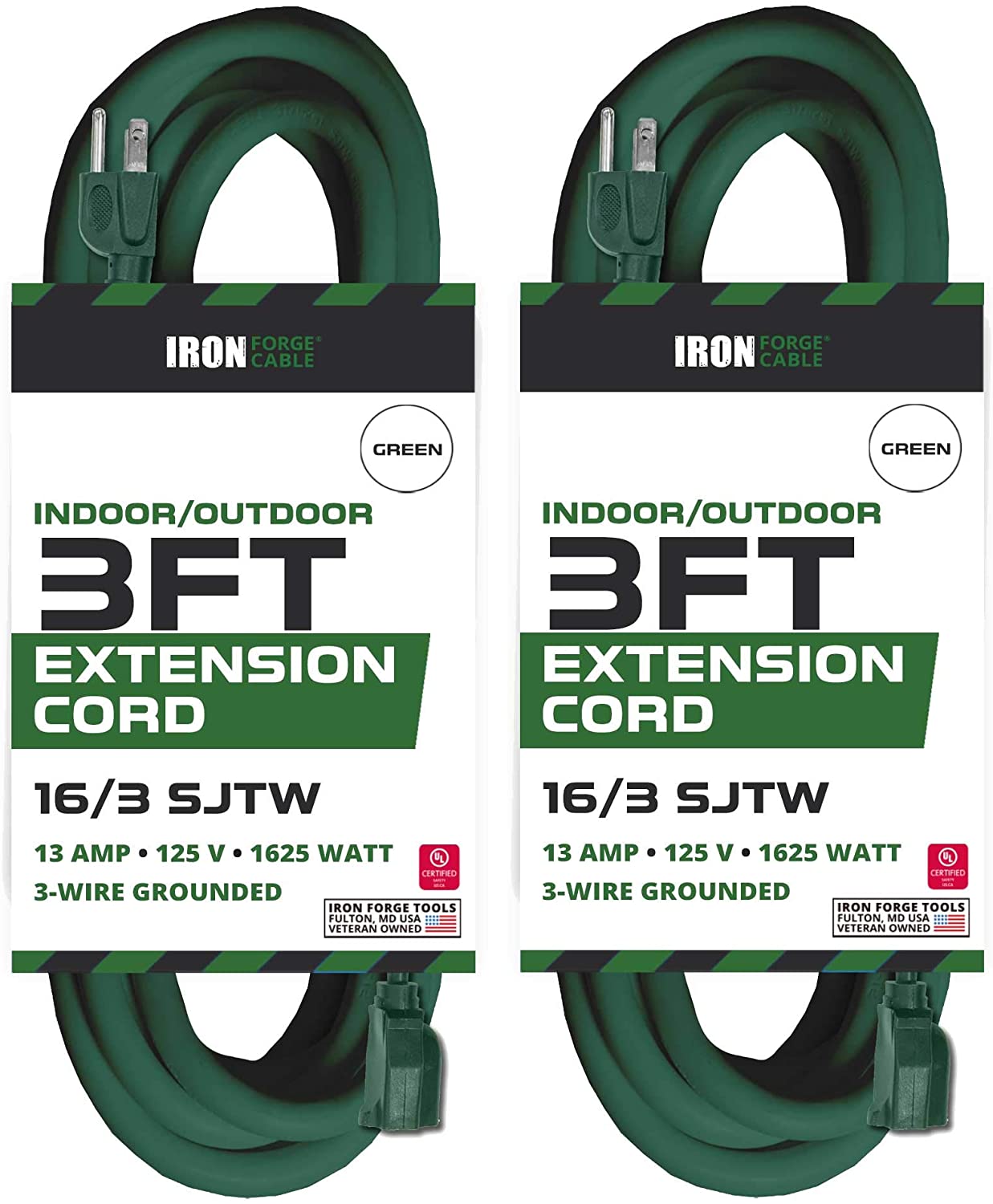 2 Pack of 3 Ft Green Extension Cords - 16/3 SJTW Durable Electrical Cable Set