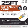 25 Foot Lighted Outdoor Extension Cord - 12/3 SJTW Heavy Duty Yellow Extension Cable Extension Cable with 3 Prong Grounded Plug for Safety - Great for Garden and Major Appliances