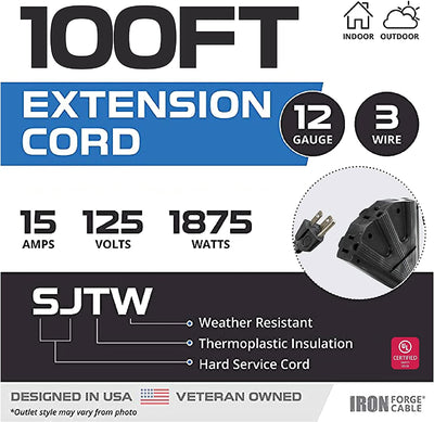 100 Ft Outdoor Extension Cord, Lighted with 3 Electrical Power Outlets - 12/3 SJTW Heavy Duty Black Cable with 3 Prong Grounded Plug for Safety, 15 AMP
