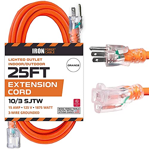 25 Foot Lighted Outdoor Extension Cord - 10/3 SJTW Orange 10 Gauge Extension Cable with 3 Prong Grounded Plug for Safety - Great for Garden and Major Appliances