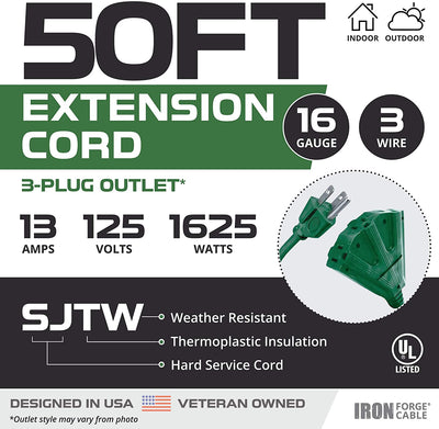 50 Foot Outdoor Extension Cord with 3 Electrical Power Outlets - 16/3 SJTW Durable Green Extension Cable with 3 Prong Grounded Plug for Safety