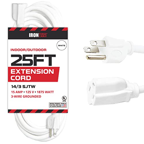 25 Foot Outdoor Extension Cord - 14/3 SJTW Heavy Duty White Cable with 3 Prong Grounded Plug for Safety - Great for Garden and Major Appliances