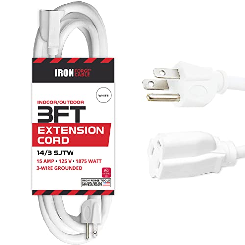 3 Foot Outdoor Extension Cord - 14/3 SJTW Heavy Duty White Cable with 3 Prong Grounded Plug for Safety - Great for Garden and Major Appliances