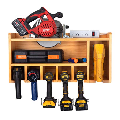 Power Tool Organizer for Garage - Fully Assembled Wood Tool Chest and 3 Drill Charging Station - Power Strip Included - Great Workshop Organization and Storage