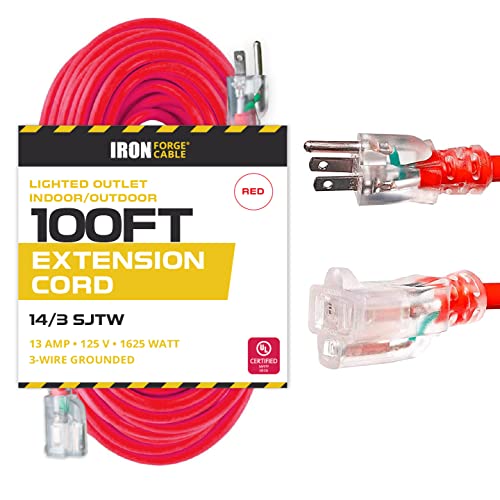 100 Ft Lighted Extension Cord - 14/3 SJTW Heavy Duty Red Outdoor Extension Cable with 3 Prong Grounded Plug for Safety - Great for Garden & Major Appliances