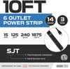 6 Outlet Surge Protector Power Strip - 14/3 SJT Black Surge Suppressor with 10 Foot Long Extension Cord, 15A/1875W, ETL Listed