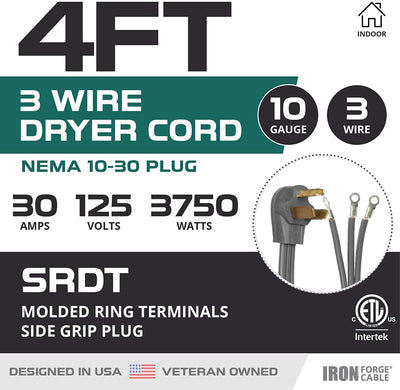 3 Prong Dryer Cord - 4 Ft Extension Power Cord, 10/3 SRDT, 30 Amp, NEMA 10-30 Plug, Gray