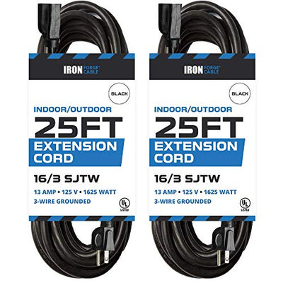 2 Pack of 25 Ft Outdoor Extension Cords - 16/3 Durable Black 3 Prong Extension Cord Pack