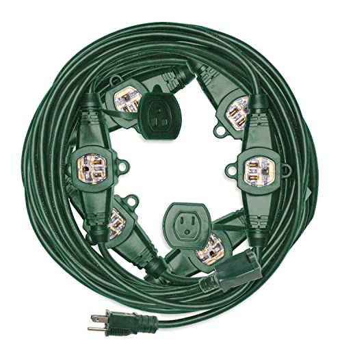 50 Ft Outdoor Extension Cord with 7 Evenly Spaced Electrical Power Outlets - 14/3 SJTW Durable Green Cable for Christmas Lights & Holiday Decorations, 15 AMP