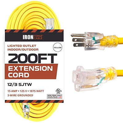 200 Foot Lighted Outdoor Extension Cord - 12/3 SJTW Heavy Duty Yellow Extension Cable with 3 Prong Grounded Plug for Safety - Great for Garden and Major Appliances