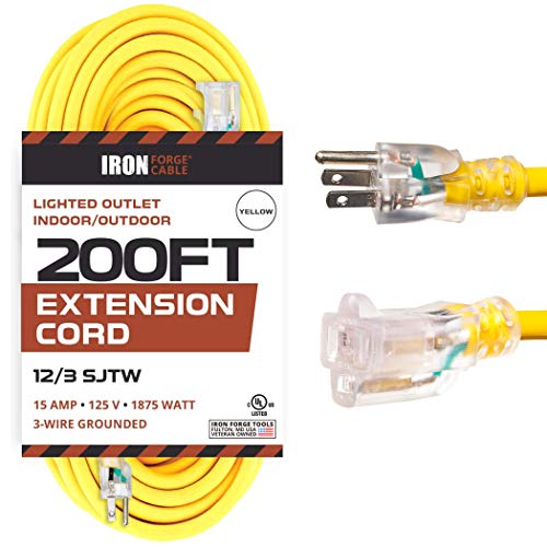 200 Foot Lighted Outdoor Extension Cord - 12/3 SJTW Heavy Duty