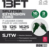 1 to 4 Extension Cord Splitter-13 Ft Green Power-16/3 Outdoor Outlet