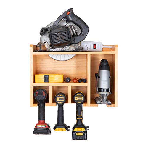 Power Tool Organizer for Garage - Fully Assembled Wood Tool Chest, 3 Drill Charging Station and Circular Saw Holder - Power Strip Included - Great Workshop Organization and Storage