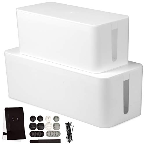 Cable Management Box, 2 Pack - White Cord Organizer and Hider for Wires, Power Strips, Surge Protectors & More - Includes Cable Sleeve, Hook and Loop Keepers, Zip Ties & Clips