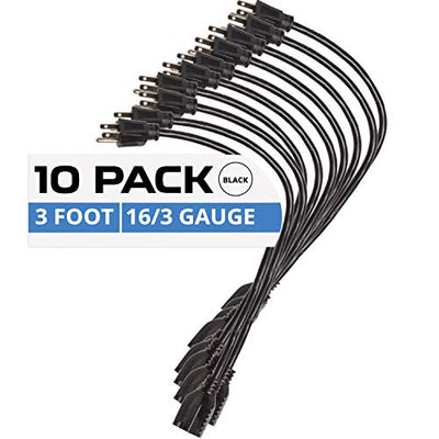 10 Pack of 3Ft Black Extension Cords - 16/3 SJT Electrical Extension Cord Set