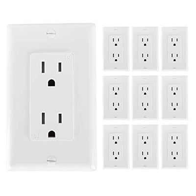 Decorator Receptacle Outlet with Wall Plate, 10 Pack, White - Tamper Resistant 3 Prong Electrical Wall Outlets - 15 Amp, 125 Volt, 3 Wire, Self-Grounding, UL Listed