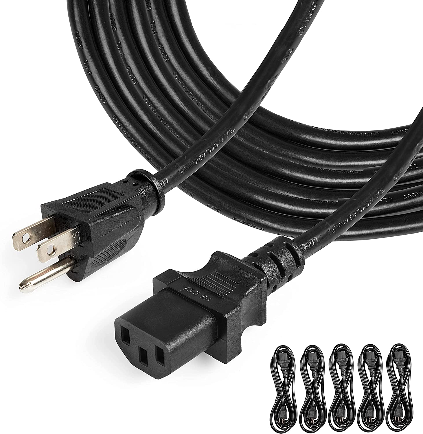5 Pack of 10 Ft Power Cords for TV Computer or Monitor (NEMA 5-15P to C13) - 18/3 Replacement Audio & Video Power Cable, Black