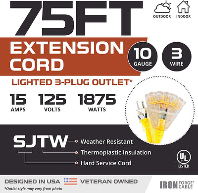 Lighted Outdoor Extension Cord with 3 Electrical Power Outlets - 10/3 SJTW Heavy Duty Yellow Cable with 3 Prong Grounded Plug for Safety (75 Ft - Yellow with Powerblock)