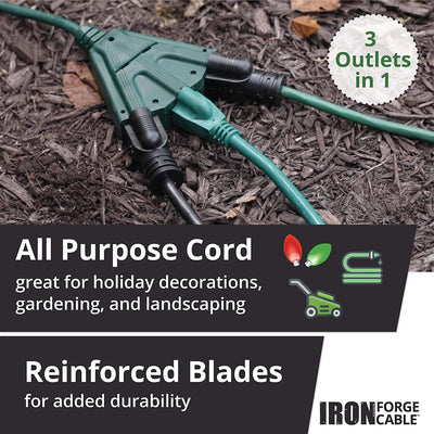 15 Foot Outdoor Extension Cord with 3 Electrical Power Outlets - 16/3 SJTW Durable Green Extension Cable with 3 Prong Grounded Plug for Safety