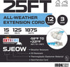 25 Ft All Weather Extension Cord with 3 Electrical Power Outlets - Stays Flexible in Extreme Cold & Hot Temperatures from -58¬¨¬®‚Äö√†√ªF to +221¬¨¬®‚Äö√†√ªF - 12/3 SJEOW Heavy Duty Lighted Outdoor Cable