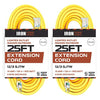 2 Pack of 25 Foot Outdoor Extension Cords - 12/3 SJTW Heavy Duty Lighted Yellow Extension Cable with 3 Prong Grounded Plug for Safety - Great for Garden and Major Appliances