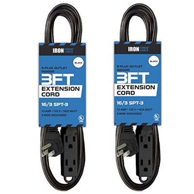 2 Pack of 15 Ft Extension Cords with 3 Electrical Power Outlets - 16/3 Durable Black Extension Cord Pack