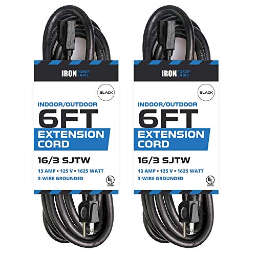 2 Pack of 6 Ft Outdoor Extension Cords - 16/3 Heavy Duty Black Extension Cord Pack