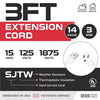 3 Foot Outdoor Extension Cord - 14/3 SJTW Heavy Duty White Cable with 3 Prong Grounded Plug for Safety - Great for Garden and Major Appliances