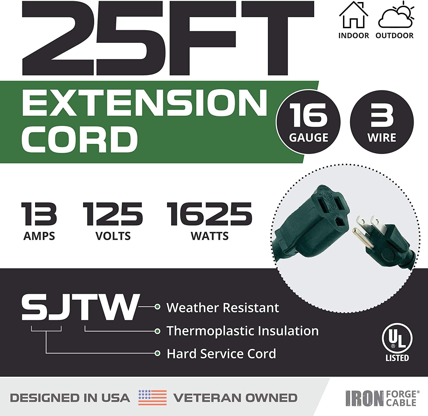 Indoor Outdoor Extension Cord 10 ft Waterproof, 16/3 Gauge