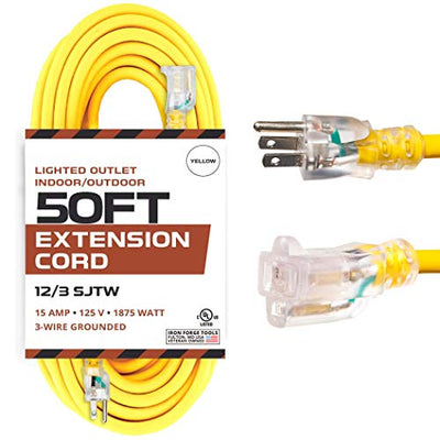 Outdoor Extension Cord - 12/3 SJTW Heavy Duty Yellow 3 Prong Extension Cable - Great for Garden and Major Appliances (50 Foot - Yellow)