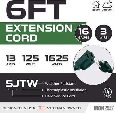 6 Foot Outdoor Extension Cord - 16/3 SJTW Durable Green Extension Cable with 3 Prong Grounded Plug for Safety - Great for Garden and Major Appliances