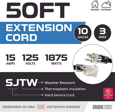 50 Foot Outdoor Extension Cord - 10/3 SJTW Black 10 Gauge Extension Cable with 3 Prong Grounded Plug for Safety - Great for Garden and Major Appliances