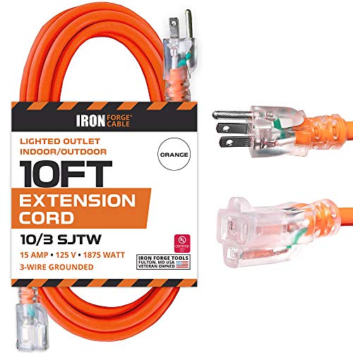 10 Foot Lighted Outdoor Extension Cord - 10/3 SJTW Orange 10 Gauge Extension Cable with 3 Prong Grounded Plug for Safety - Great for Garden and Major Appliances