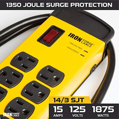 8 Outlet Heavy Duty Surge Protector Power Strip with 2 USB Charging Ports - 14/3 SJT Black and Yellow Metal Surge Suppressor with 6 Foot Long Extension Cord