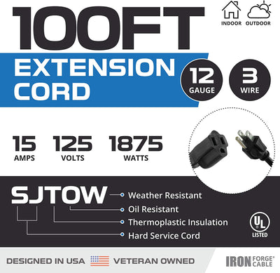 100 Ft Black Oil Resistant Extension Cord for Farms and Ranches - 12/3 SJTOW Heavy Duty Outdoor Cable with 3 Prong Grounded Plug for Safety