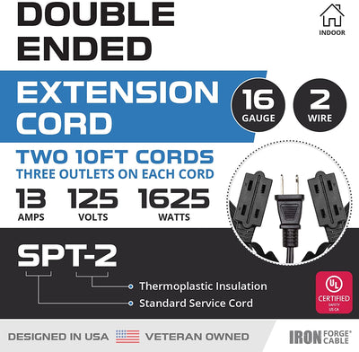 10 Ft Double Ended Extension Cord, Black - 16/2 SPT-2 Split Electrical Cable with 6 Power Outlets